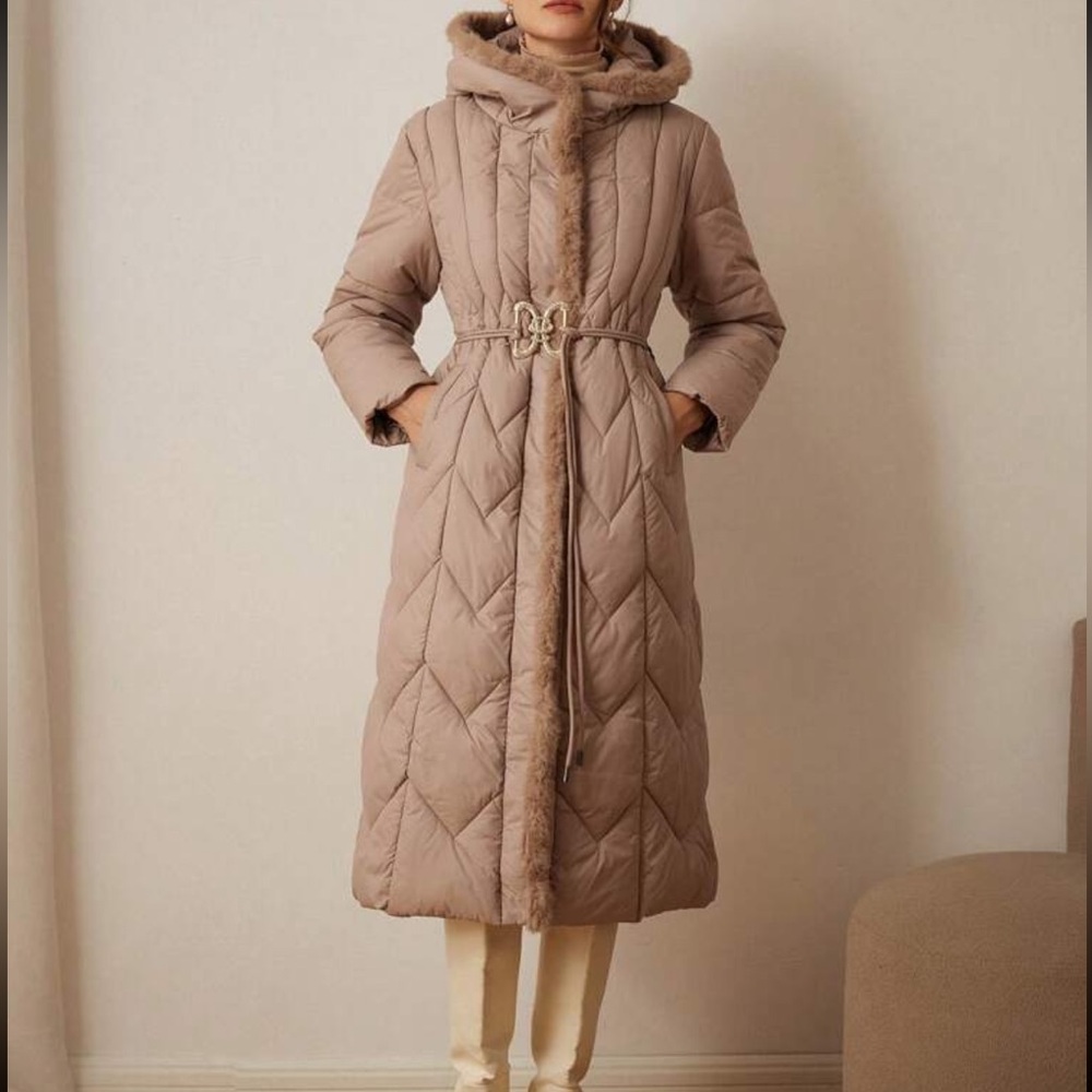 Women's Fashion Fur Trim Hooded Quilted Padded Warm Jacket Parka Long Coat Small